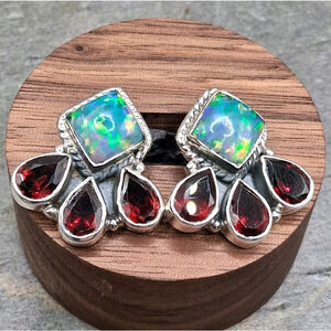 Sterling Silver Aurora Opal Garnet Stud Cluster Earrings Southwestern Style